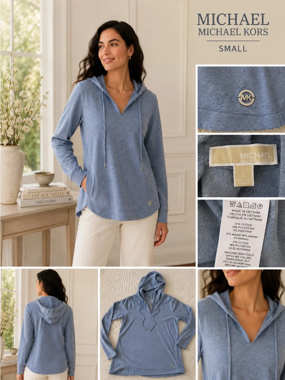 Michael Kors Blue Hooded Pullover Sweatshirt Size Small Soft Stretch